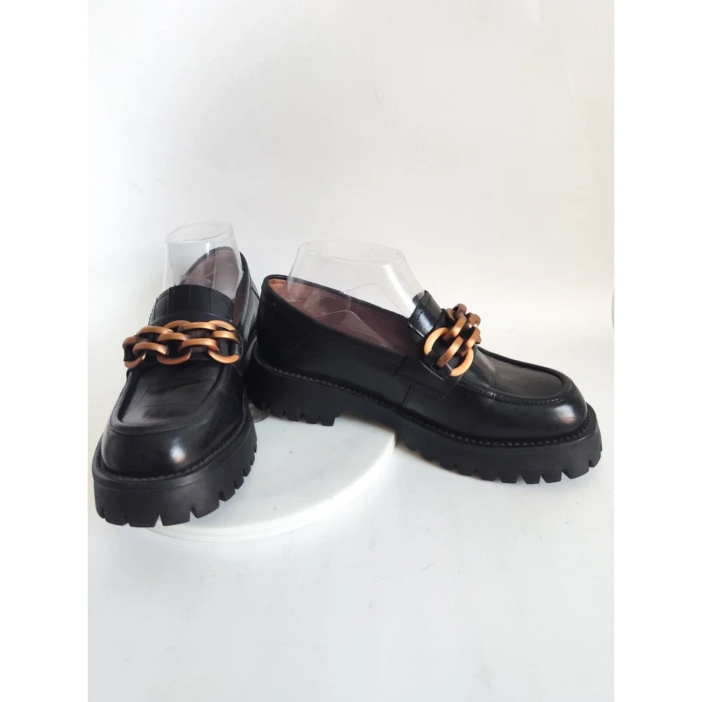 Beau Today Platform Loafers 6.5 Black Leather Chain Lug Sole Dark Academia Goth